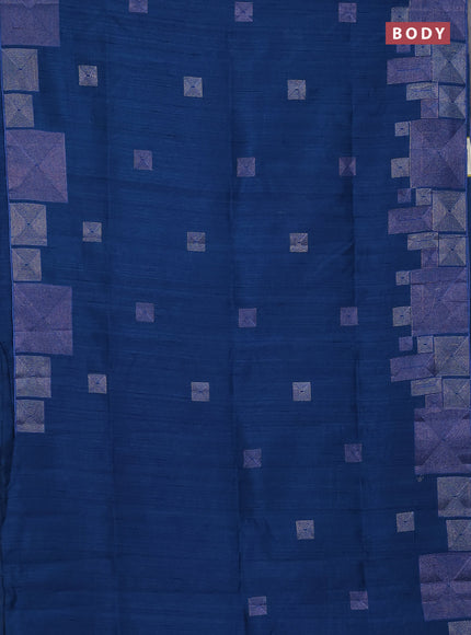 Semi raw silk saree peacock blue with embroidery work buttas and geometric design embroidery border