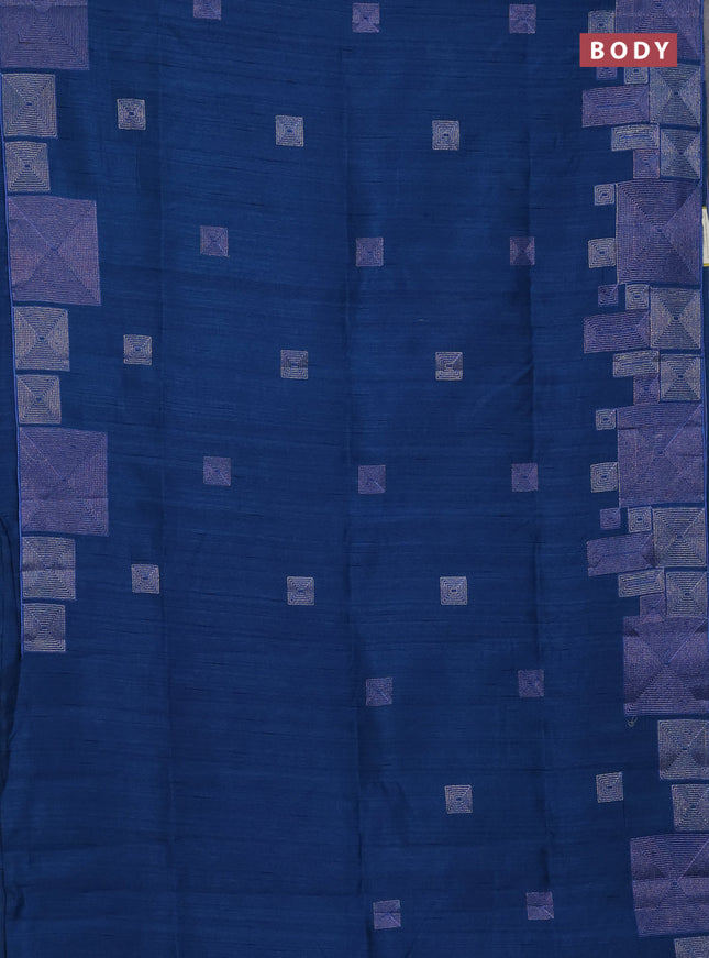 Semi raw silk saree peacock blue with embroidery work buttas and geometric design embroidery border