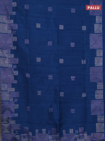 Semi raw silk saree peacock blue with embroidery work buttas and geometric design embroidery border