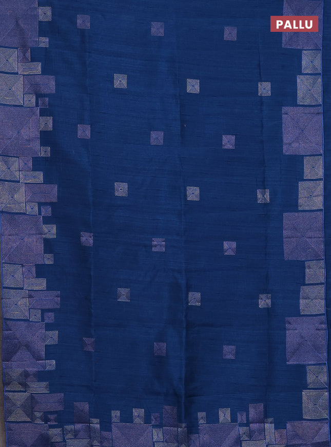 Semi raw silk saree peacock blue with embroidery work buttas and geometric design embroidery border
