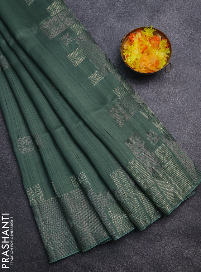 Semi raw silk saree green shade with embroidery work buttas and geometric design embroidery border