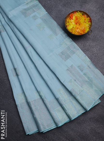Semi raw silk saree pastel blue with embroidery work buttas and geometric design embroidery border