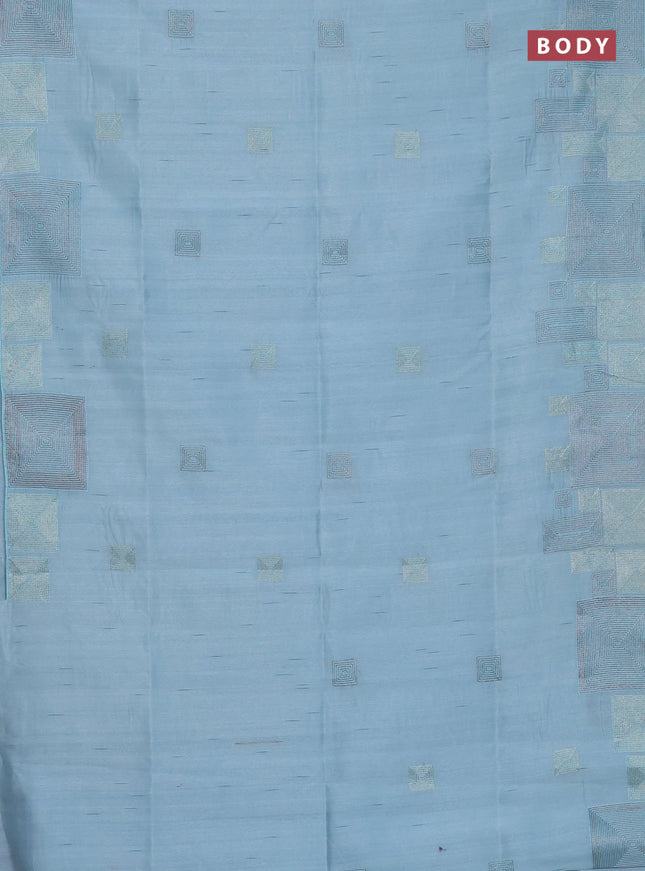 Semi raw silk saree pastel blue with embroidery work buttas and geometric design embroidery border