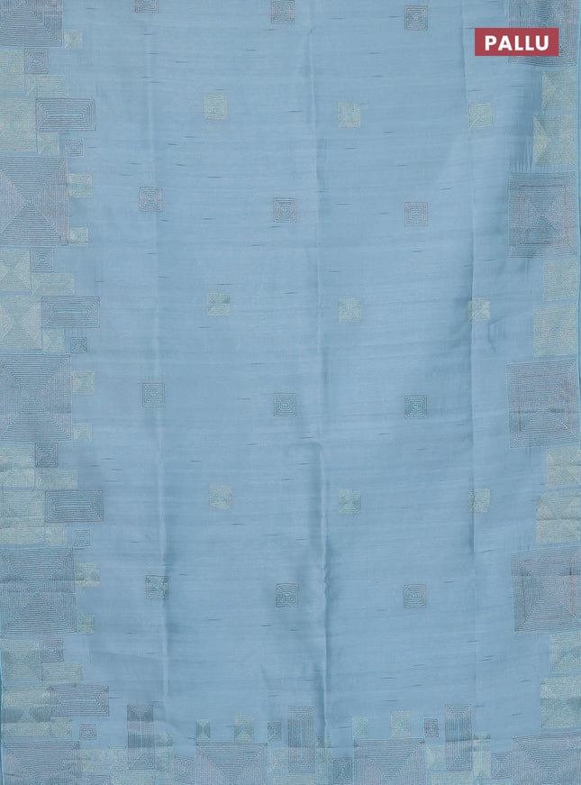 Semi raw silk saree pastel blue with embroidery work buttas and geometric design embroidery border