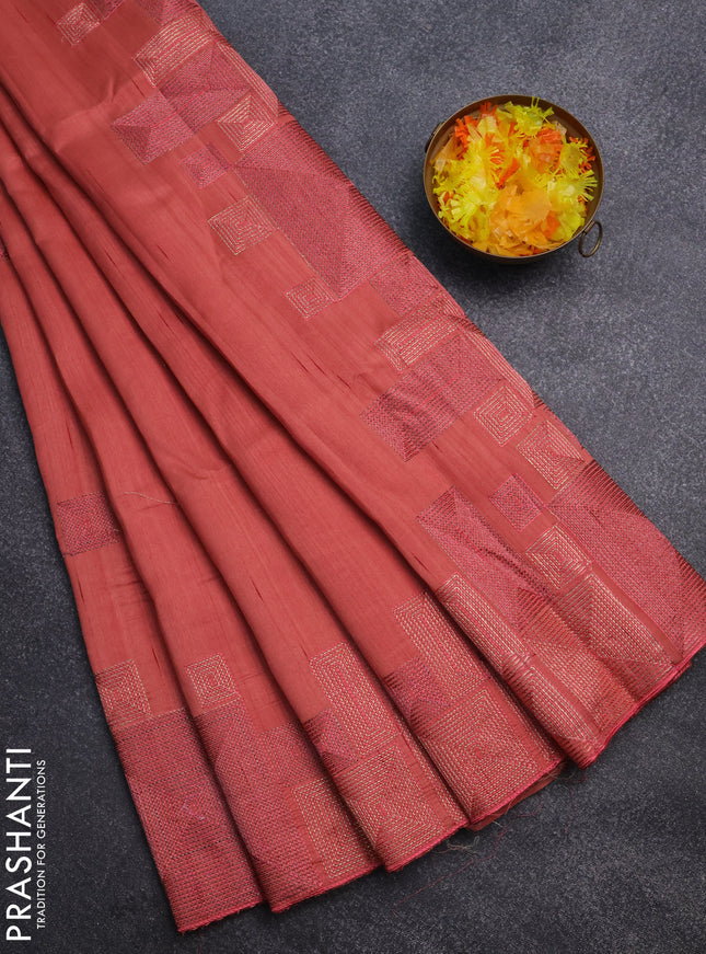 Semi raw silk saree rustic orange with embroidery work buttas and geometric design embroidery border