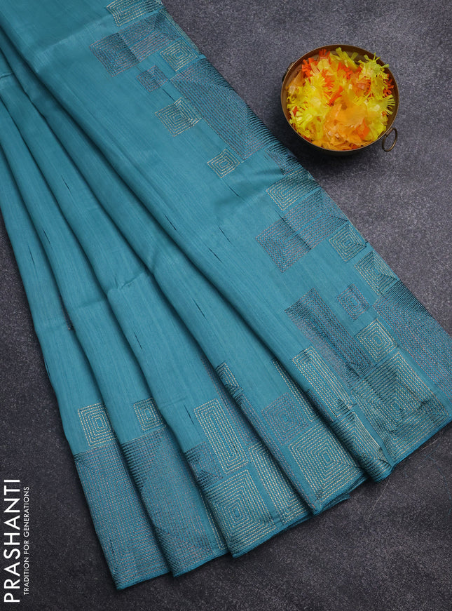 Semi raw silk saree teal blue with embroidery work buttas and geometric design embroidery border