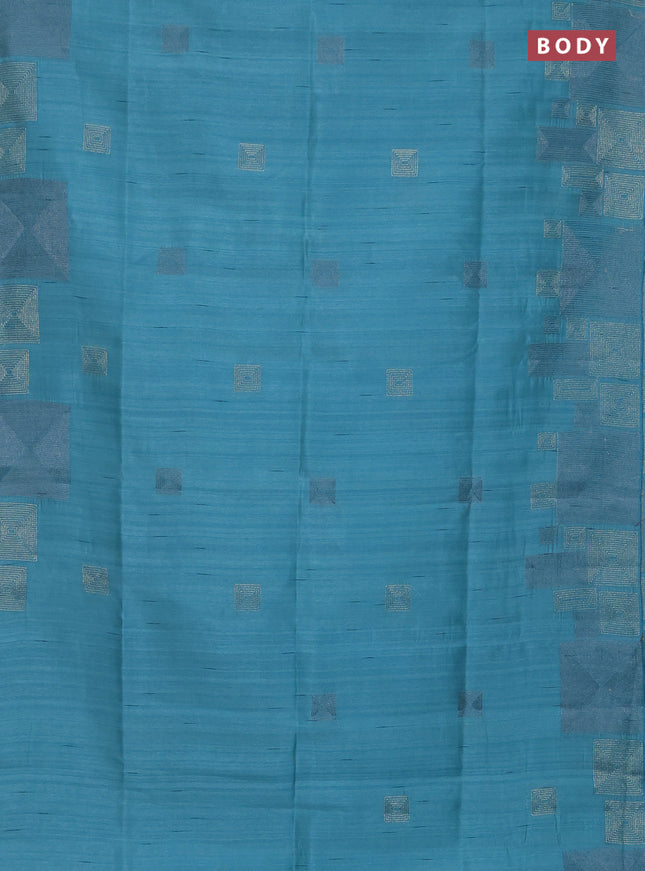 Semi raw silk saree teal blue with embroidery work buttas and geometric design embroidery border