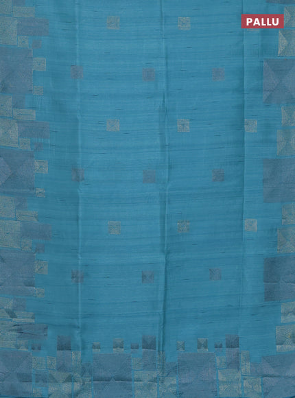 Semi raw silk saree teal blue with embroidery work buttas and geometric design embroidery border