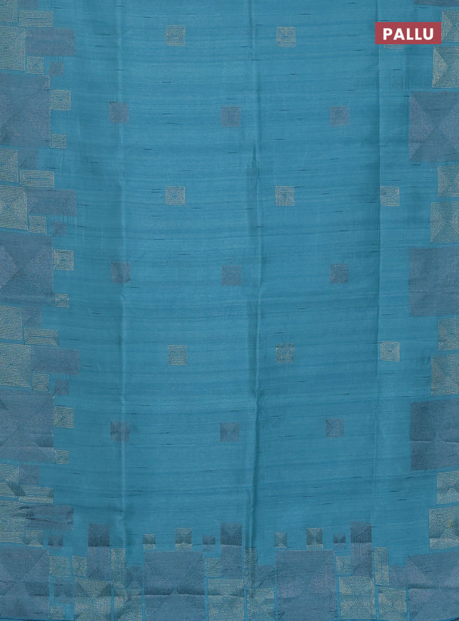 Semi raw silk saree teal blue with embroidery work buttas and geometric design embroidery border