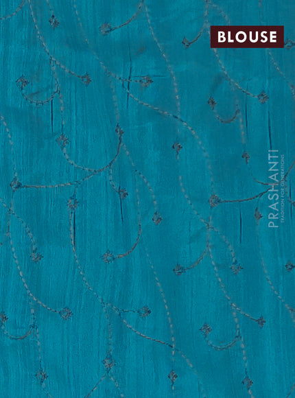 Semi raw silk saree teal blue with embroidery work buttas and geometric design embroidery border