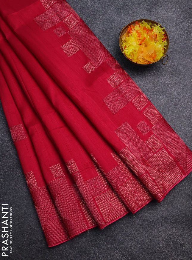 Semi raw silk saree pink with embroidery work buttas and geometric design embroidery border