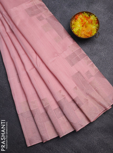 Semi raw silk saree peach pink with embroidery work buttas and geometric design embroidery border