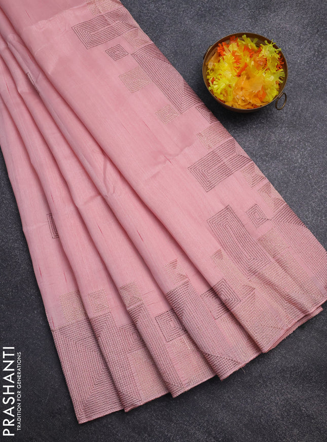Semi raw silk saree peach pink with embroidery work buttas and geometric design embroidery border