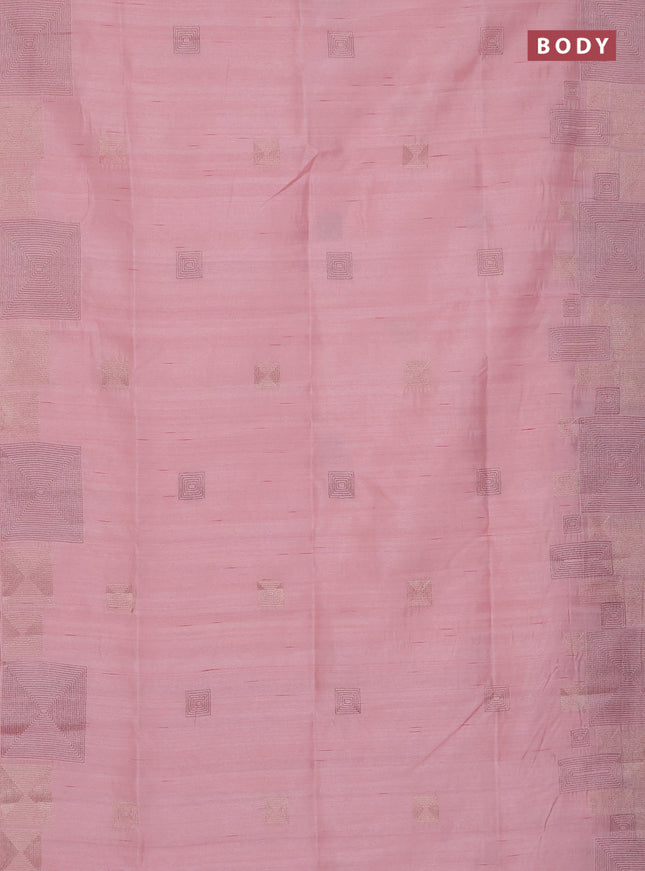 Semi raw silk saree peach pink with embroidery work buttas and geometric design embroidery border