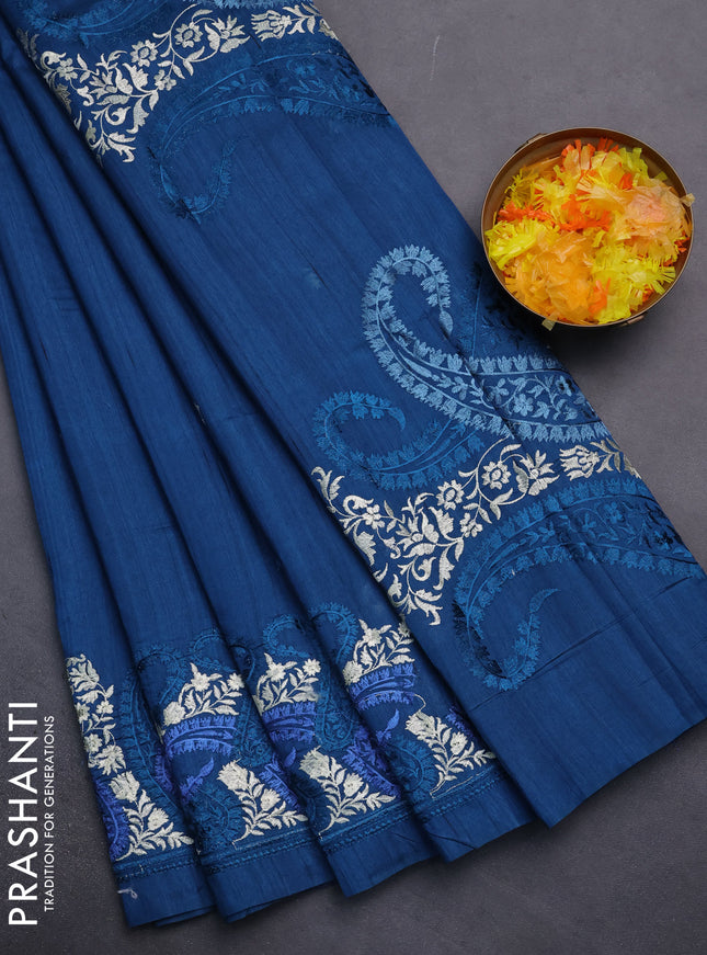 Semi raw silk saree peacock blue with embroidery work buttas and paisley design embroidery border