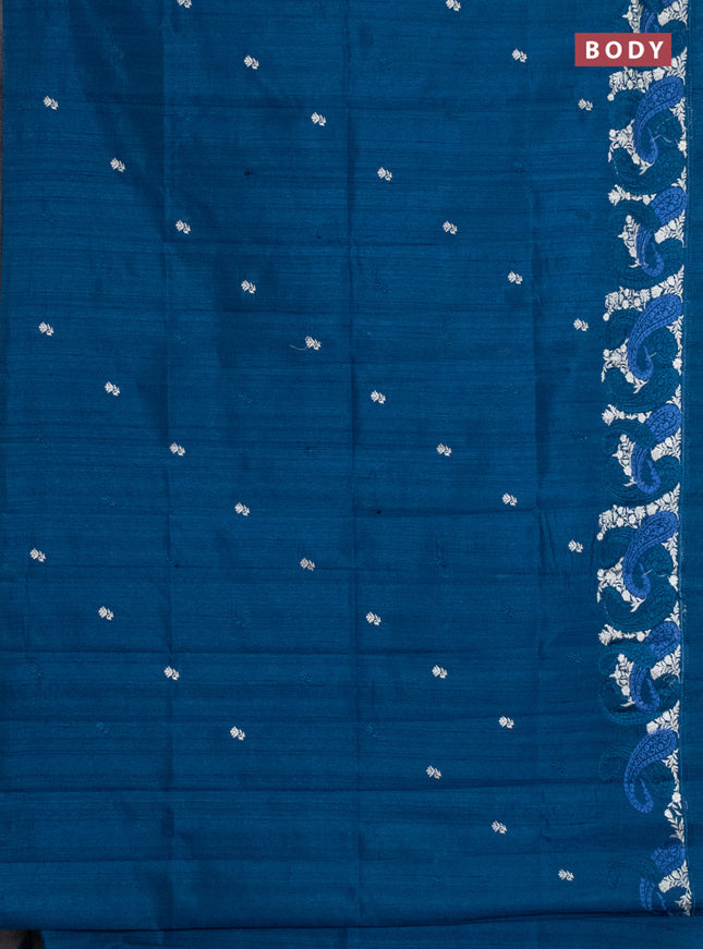 Semi raw silk saree peacock blue with embroidery work buttas and paisley design embroidery border