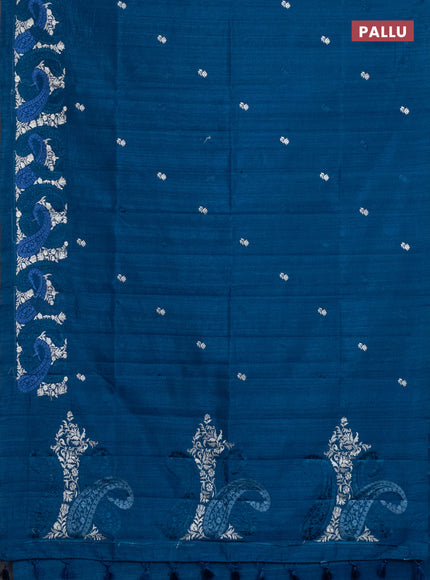 Semi raw silk saree peacock blue with embroidery work buttas and paisley design embroidery border