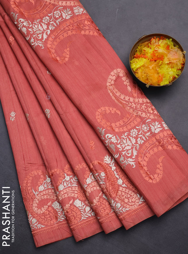 Semi raw silk saree dark peach with embroidery work buttas and paisley design embroidery border