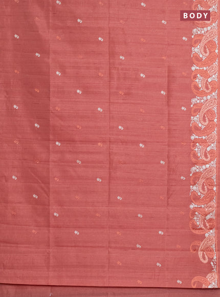 Semi raw silk saree dark peach with embroidery work buttas and paisley design embroidery border