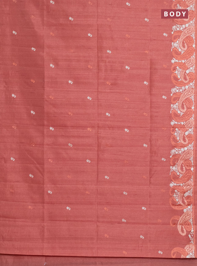 Semi raw silk saree dark peach with embroidery work buttas and paisley design embroidery border