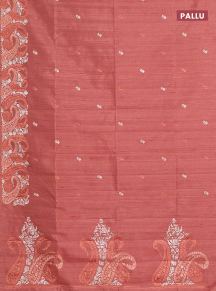 Semi raw silk saree dark peach with embroidery work buttas and paisley design embroidery border