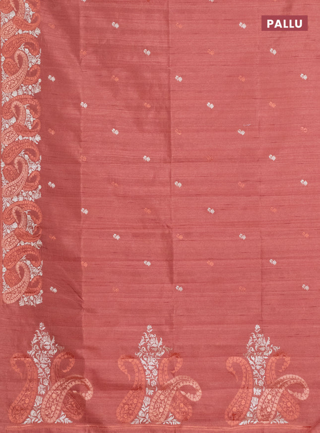 Semi raw silk saree dark peach with embroidery work buttas and paisley design embroidery border