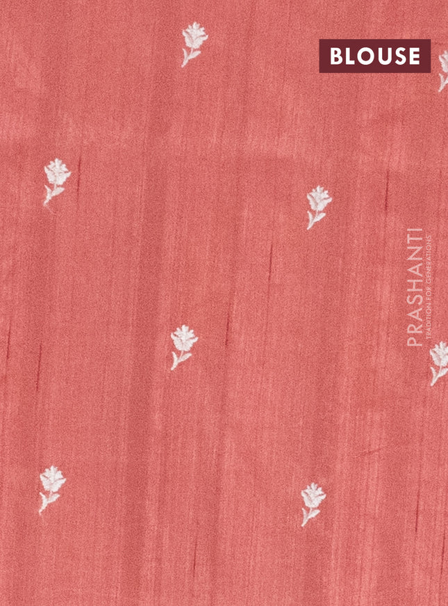 Semi raw silk saree dark peach with embroidery work buttas and paisley design embroidery border