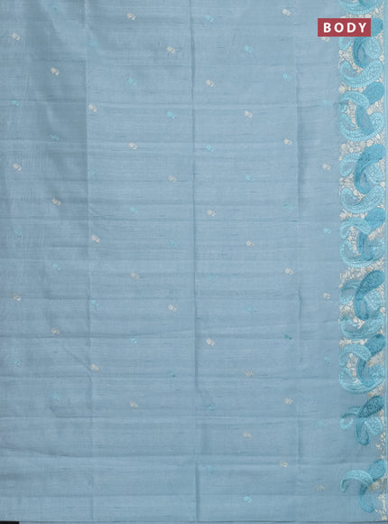 Semi raw silk saree pastel blue with embroidery work buttas and paisley design embroidery border