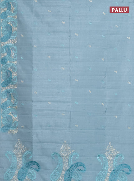 Semi raw silk saree pastel blue with embroidery work buttas and paisley design embroidery border