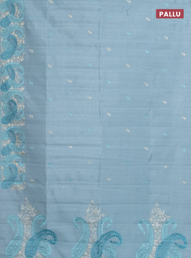 Semi raw silk saree pastel blue with embroidery work buttas and paisley design embroidery border