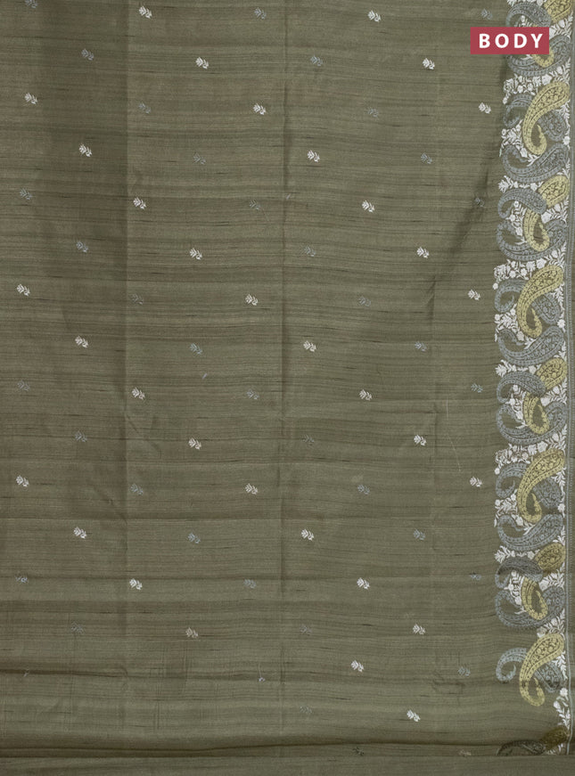 Semi raw silk saree sap green with embroidery work buttas and paisley design embroidery border