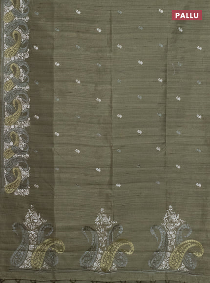 Semi raw silk saree sap green with embroidery work buttas and paisley design embroidery border