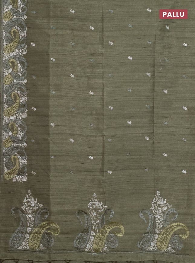 Semi raw silk saree sap green with embroidery work buttas and paisley design embroidery border