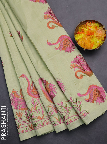 Semi raw silk saree pista green with embroidery work buttas and brid design embroidery border