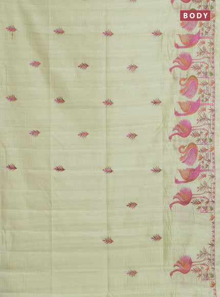 Semi raw silk saree pista green with embroidery work buttas and brid design embroidery border