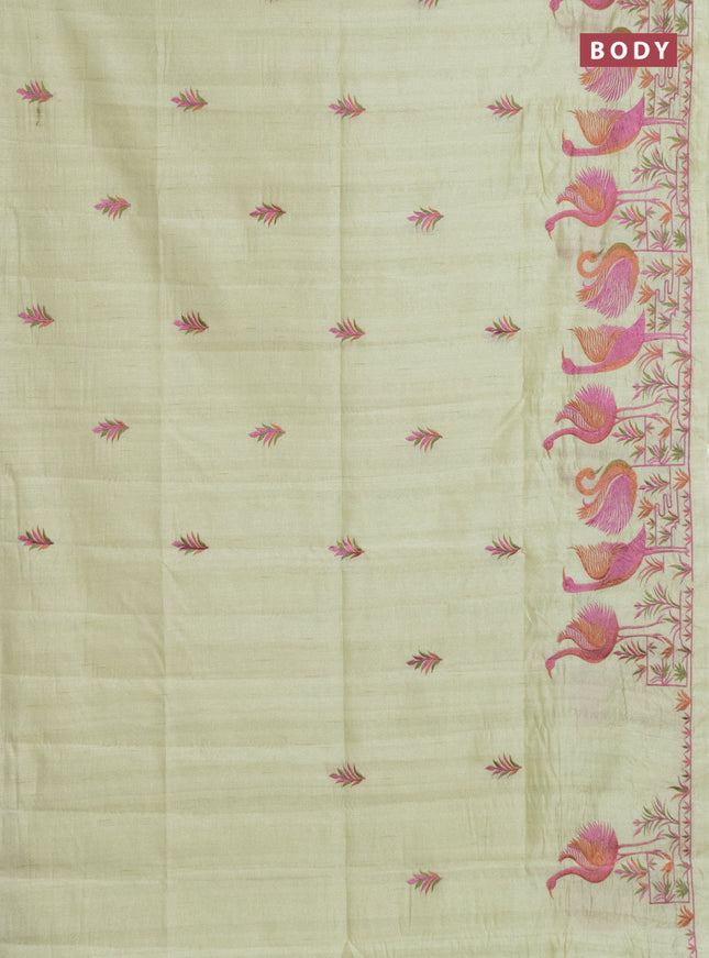 Semi raw silk saree pista green with embroidery work buttas and brid design embroidery border