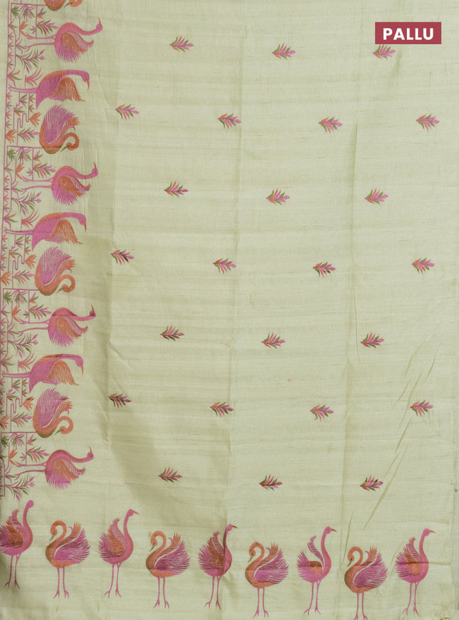 Semi raw silk saree pista green with embroidery work buttas and brid design embroidery border