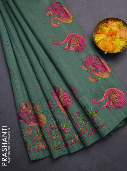 Semi raw silk saree green with embroidery work buttas and brid design embroidery border