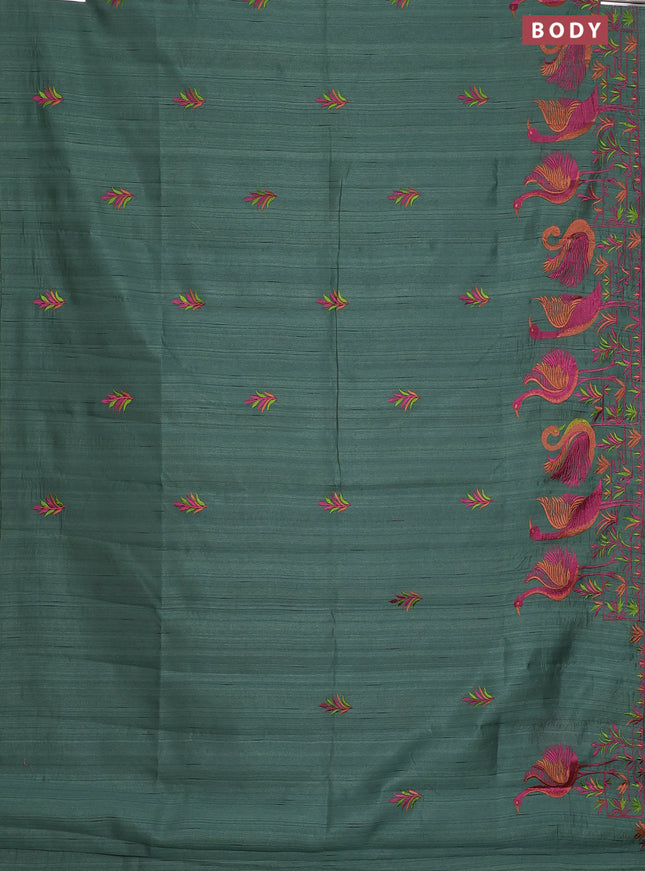 Semi raw silk saree green with embroidery work buttas and brid design embroidery border