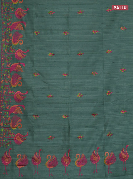 Semi raw silk saree green with embroidery work buttas and brid design embroidery border
