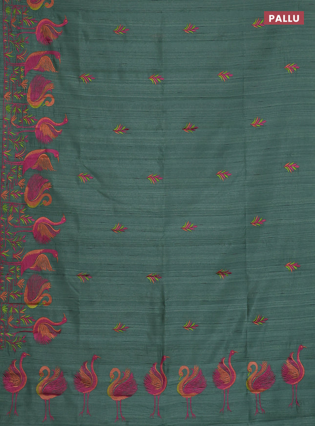Semi raw silk saree green with embroidery work buttas and brid design embroidery border