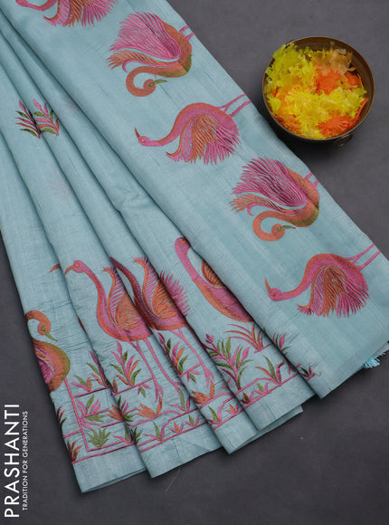 Semi raw silk saree teal blue shade with embroidery work buttas and brid design embroidery border