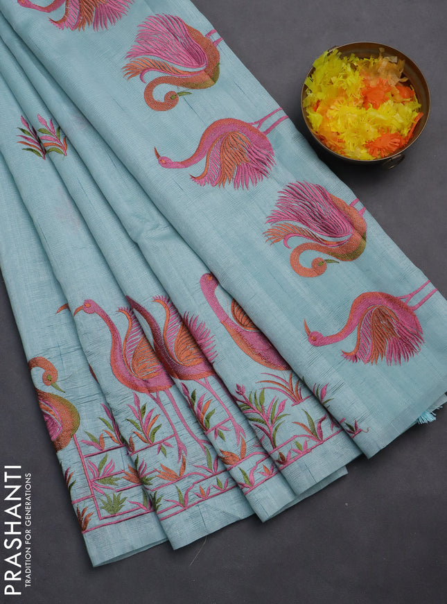 Semi raw silk saree teal blue shade with embroidery work buttas and brid design embroidery border