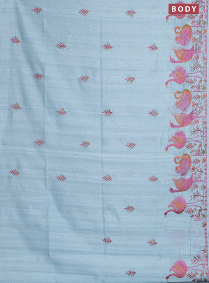 Semi raw silk saree teal blue shade with embroidery work buttas and brid design embroidery border