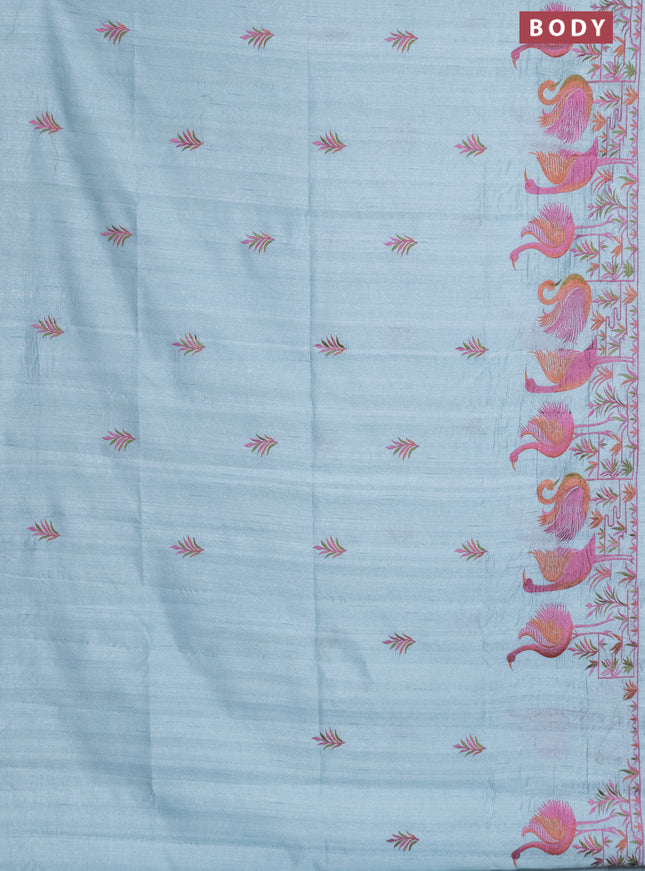 Semi raw silk saree teal blue shade with embroidery work buttas and brid design embroidery border