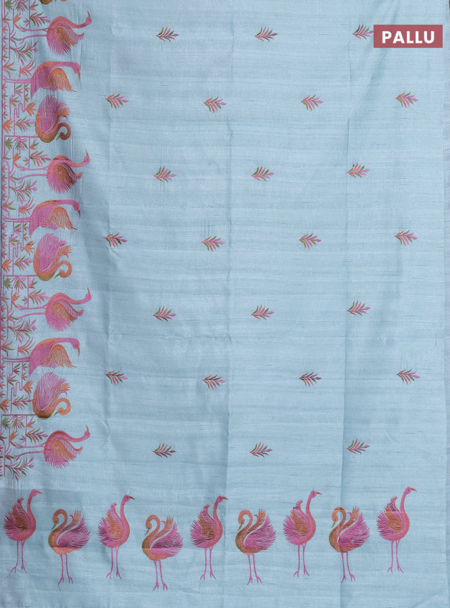 Semi raw silk saree teal blue shade with embroidery work buttas and brid design embroidery border