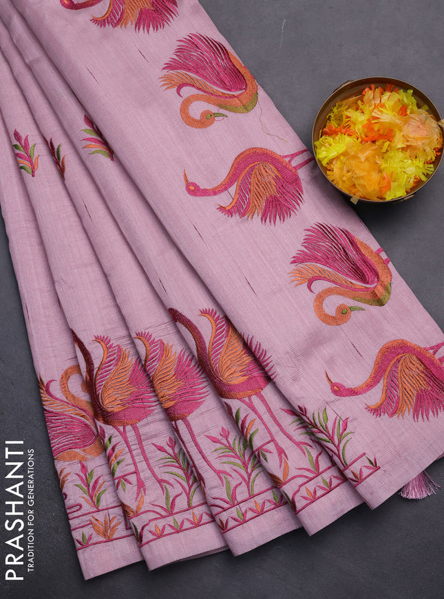 Semi raw silk saree pastel pink with embroidery work buttas and brid design embroidery border