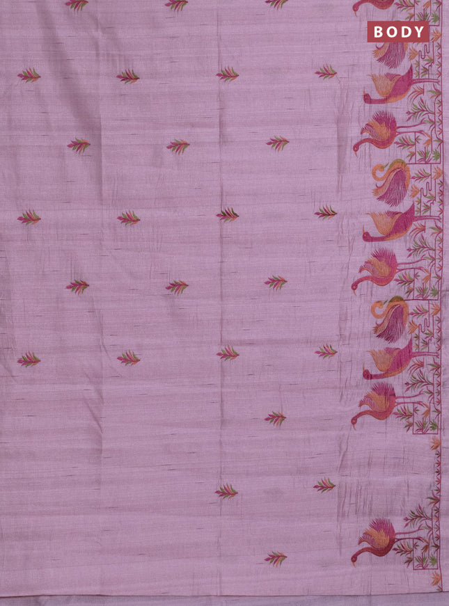 Semi raw silk saree pastel pink with embroidery work buttas and brid design embroidery border