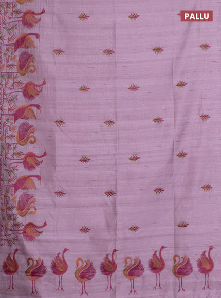 Semi raw silk saree pastel pink with embroidery work buttas and brid design embroidery border
