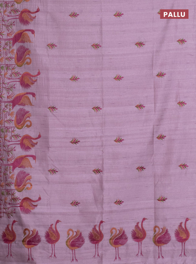 Semi raw silk saree pastel pink with embroidery work buttas and brid design embroidery border